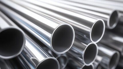 Heap of shiny cylindrical steel pipes stacked in random pile with selective focus, showing smooth metallic surface, industrial structure, construction material, and 3d metal manufacturing concept