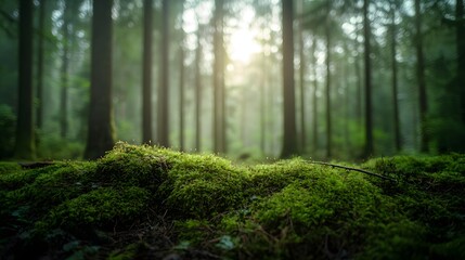 Fototapeta premium Close-up of moss-covered fallen tree branch in a sunlit green forest