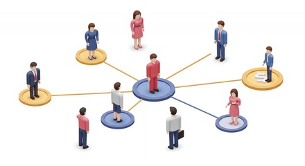 Isometric 3D Render of Network Communication with People on Platforms in White Background