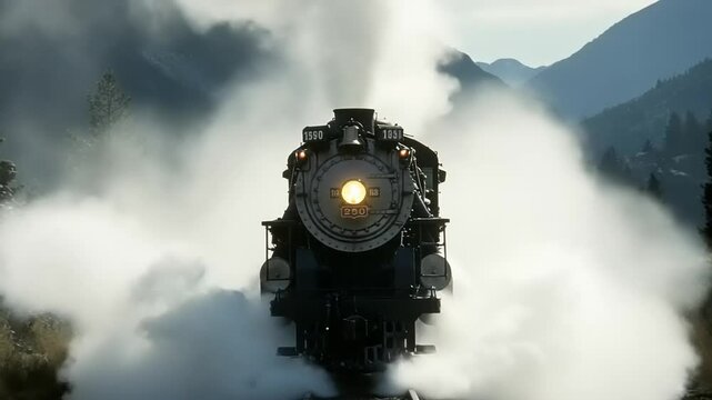 Vintage steam locomotive chugging through mountainous terrain, emitting clouds of steam