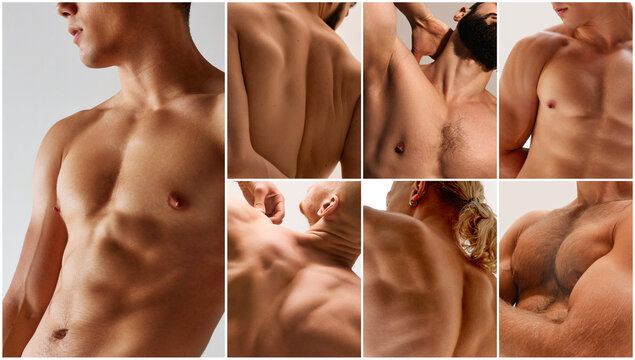 Creative collage featuring close-up views of male torsos, backs, shoulders, and muscles with detailed skin texture in bright studio light. Concept of health and body symmetry, male body anatomy