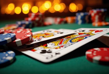 Playing cards and poker chips on a green casino table with a blurred background