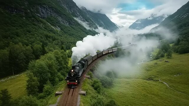 Vintage steam train chugging through a misty valley surrounded by lush green mountains
