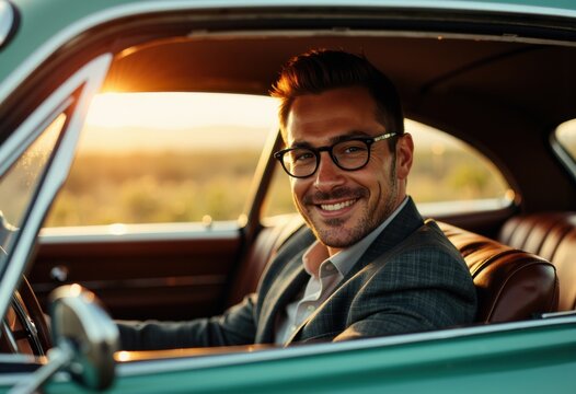Fototapeta Smiling man in glasses driving a vintage car during sunset with a cheerful expression