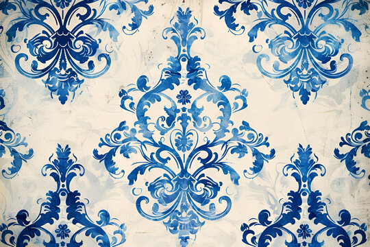 Blue and white damask floral pattern antique design
