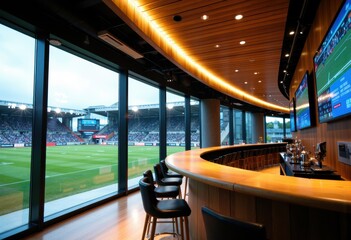 Modern sports bar overlooking a vibrant stadium with large glass windows and sleek wooden interior