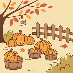 Cute illustration of pumpkins in baskets by a wooden fence under a tree with autumn leaves