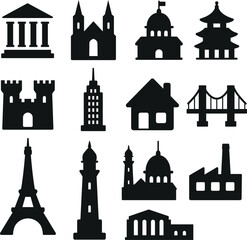 Landmark Silhouette Icons Set, Famous Buildings and Architecture Vector. 