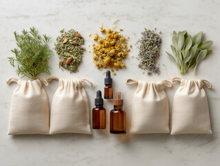Exploring holistic medicine with rustic herbal remedies and natural preparations on a linen backdrop