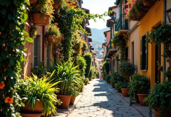 Fototapeta premium Charming narrow street lined with vibrant potted plants and colorful buildings