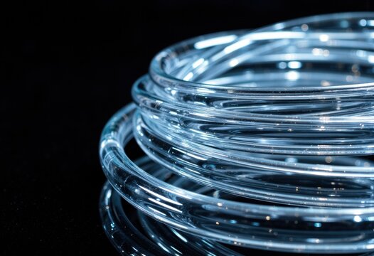 Close-up of transparent glass or plastic tubing coiled in a spiral pattern against a dark background