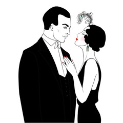 Vector illustration of a glamorous 1920s flapper girl in Art Deco style, with red feather and elegant silhouette. Perfect for vintage party invites, jazz events, themed weddings, or retro decor.