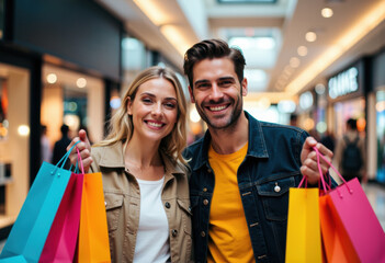 Happy young couple shopping with colorful bags in a modern mall