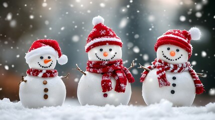 Fototapeta premium Three cute snowmen with red hats and scarves smiling in falling snow