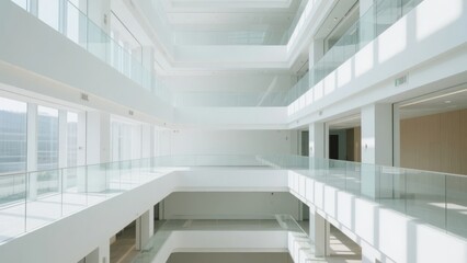 Modern Multi-Level Building Interior with Glass Railings and Natural Light