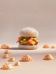 Gourmet diamond burger showcasing high-tech meatless innovation in a clean futuristic flatlay
