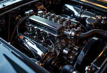 Close-up of a high-performance car engine showcasing polished metal components and intricate mechanical details