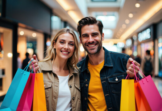 Happy young couple shopping with colorful bags in a modern mall - Powered by Adobe