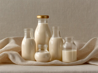 Eco-friendly glass baby bottles arranged on a soft fabric background showcasing a minimalist feeding solution for parents