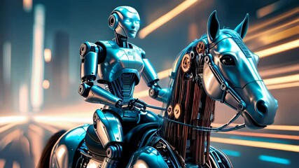 video olf A futuristic robot is riding a mechanical horse - Powered by Adobe