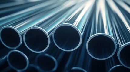 Heap of shiny cylindrical steel pipes stacked in random pile with selective focus, showing smooth metallic surface, industrial structure, construction material, and 3d metal manufacturing concept