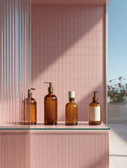 Modern amber glass skincare packaging displayed on a sunlit shelf in a pastel bathroom with a clean aesthetic