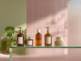 Modern amber glass skincare packaging displayed on a sunlit shelf in a pastel bathroom with a clean aesthetic