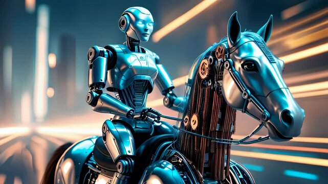 video olf A futuristic robot is riding a mechanical horse