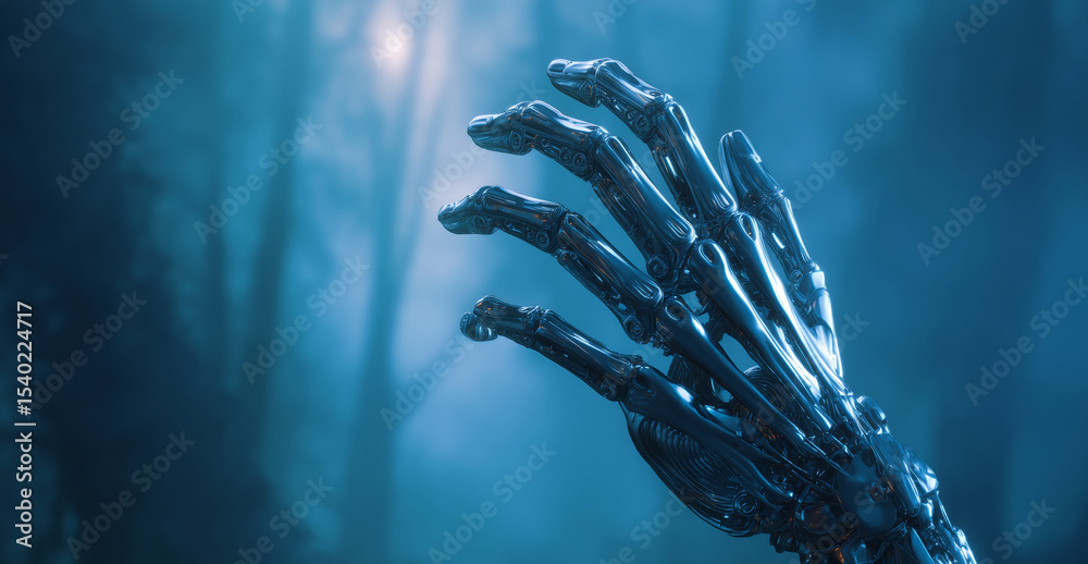 Poster A futuristic robotic hand extends towards an unseen object, showcasing adaptive technology using shapeshifting alloys and liquid metal, surrounded by a misty, mysterious forest environment.