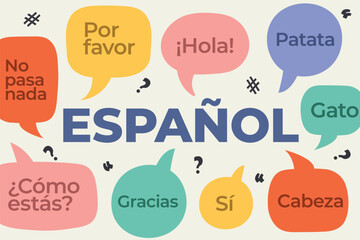 espanol word and speech bubbles with spanish words and phrases; perfect for language learning materials, classroom posters, or educational social media content- vector illustration