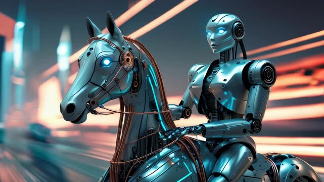 video olf A futuristic robot is riding a mechanical horse