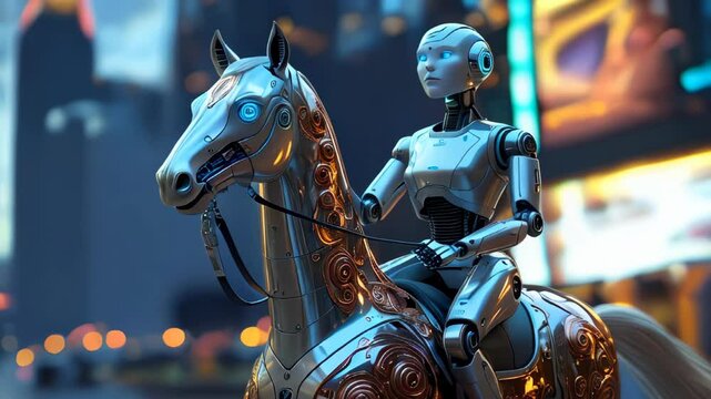 video olf A futuristic robot is riding a mechanical horse
