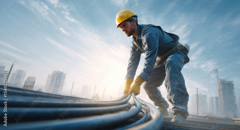 Poster a man wearing a hard hat and gloves focuses on assembling advanced materials at a construction site.