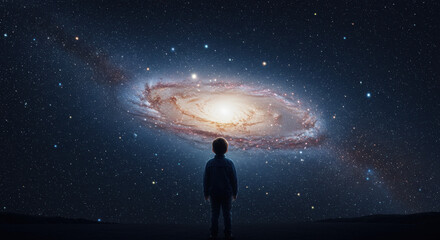 Child gazing at galaxy with night sky, wonder, and space.