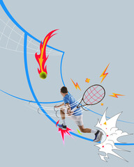 Stylized digital collage with powerful flaming tennis ball trajectory and explosive racket movement drawn in bright energetic comic way over clean photographic composition. Animated sport stories