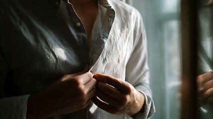 Buttoning up: A close-up, high-angle shot of a person buttoning a gray button-down shirt, a moment of considered preparation or self-care, the delicate dance between the individual and their attire.