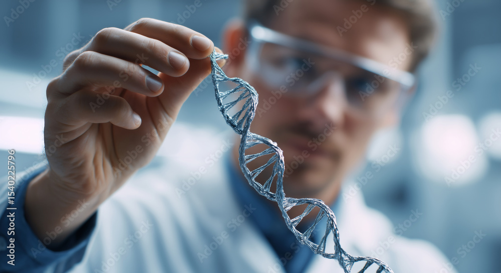Poster A researcher in a laboratory studies a DNA-like structure made from shape memory alloys.