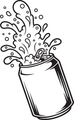 Soda can explosion illustration with dynamic splash in black and white style