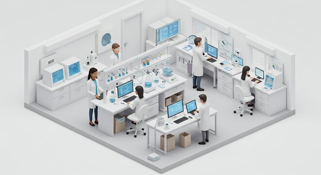 Isometric View of a Pixelated Laboratory with Scientists Working on Computers and Medical Research in a Brightly Lit White and Light Blue Setting