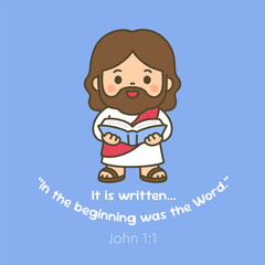 Cute Jesus Holding Bible with John 1:1 Scripture