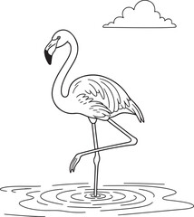 Single line drawing of a flamingo standing in water with a cloud