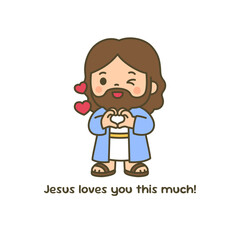 Cute Cartoon Jesus Making Heart Gesture with Jesus Loves You This Much Text