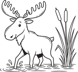 Cartoon Moose Wading Through Water with Cattails, Vector Illustration for Coloring