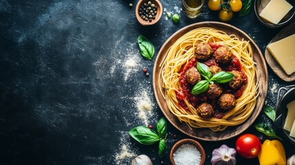 Vegetarian spaghetti with vegan meatballs in rich tomato sauce, topped with cheese and fresh basil. A modern kitchen table in the background with scattered ingredients.