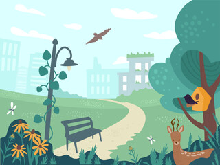 Urban park with deer, flowers and birdhouse &ndash; eco friendly city nature, sustainability and mindfulness concept &ndash; flat vector