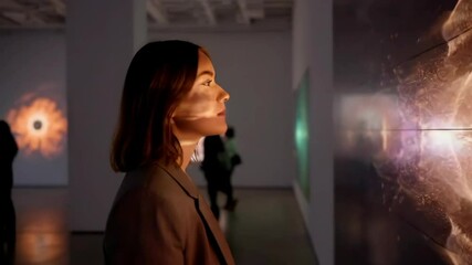 Woman Engages with Mesmerizing Digital Art Installation at a Contemporary Museum Gallery Exhibition - Powered by Adobe