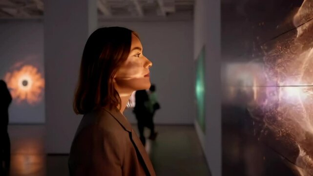 Woman Engages with Mesmerizing Digital Art Installation at a Contemporary Museum Gallery Exhibition