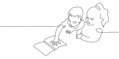 Continuous one line drawing with boy and girl reading open books. Vector single line illustration of children reading book.