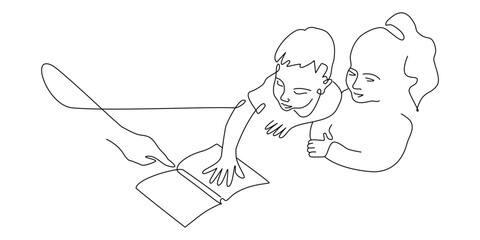 Continuous one line drawing with boy and girl reading open books. Vector single line illustration of teacher and children reading book.