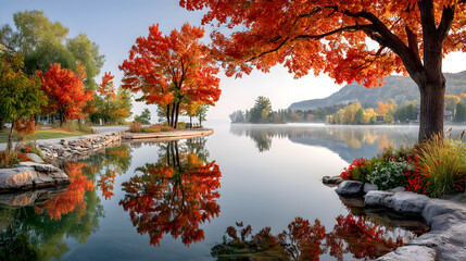 Golden forest with balanced light on Autumn Equinox Serene autumn lake with vibrant colored trees. Meditative woman standing in nature during Equinox Day Seasonal change concept with falling leaves